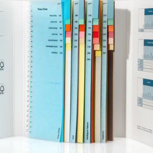 Musterbuch mit unterschiedlichen breiten Blättern und Registerstanzungen